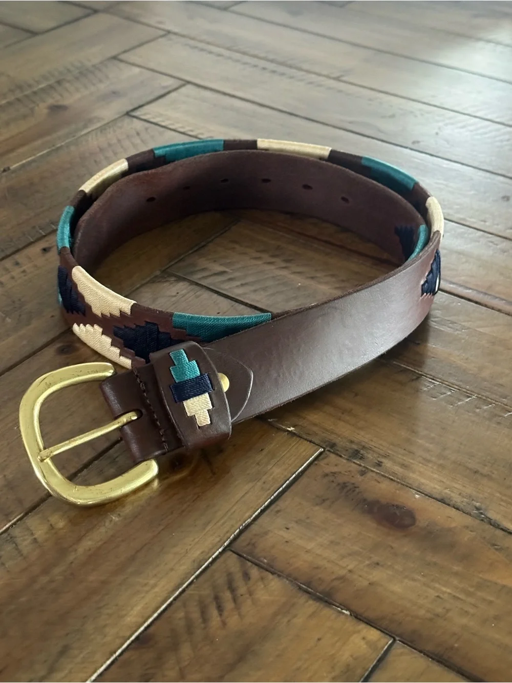 Brown Leather Women’s Belt with Teal & Cream Embroidery